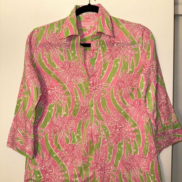 Lilly Pulitzer XS Quarter Button 3/4 Sleeve Collared Dress Easy Tiger Green Pink - Picture 3 of 12